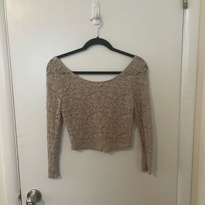 Lacy long sleeve crop top, tan/beige color, tight fit